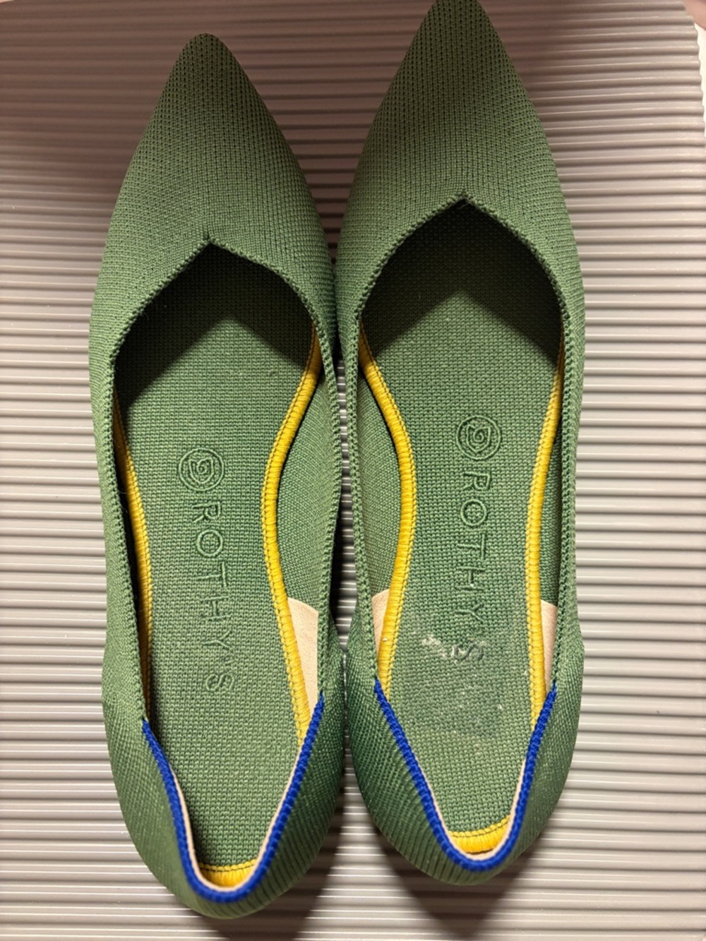 Rothy's Green Pointed-Toe Flats with Yellow & Blue Trim